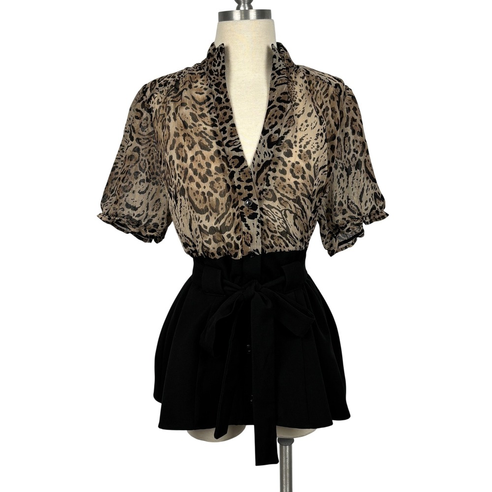 Dressbarn Leopard Print Blouse Womens 1X Black Tan Tie Waist Top